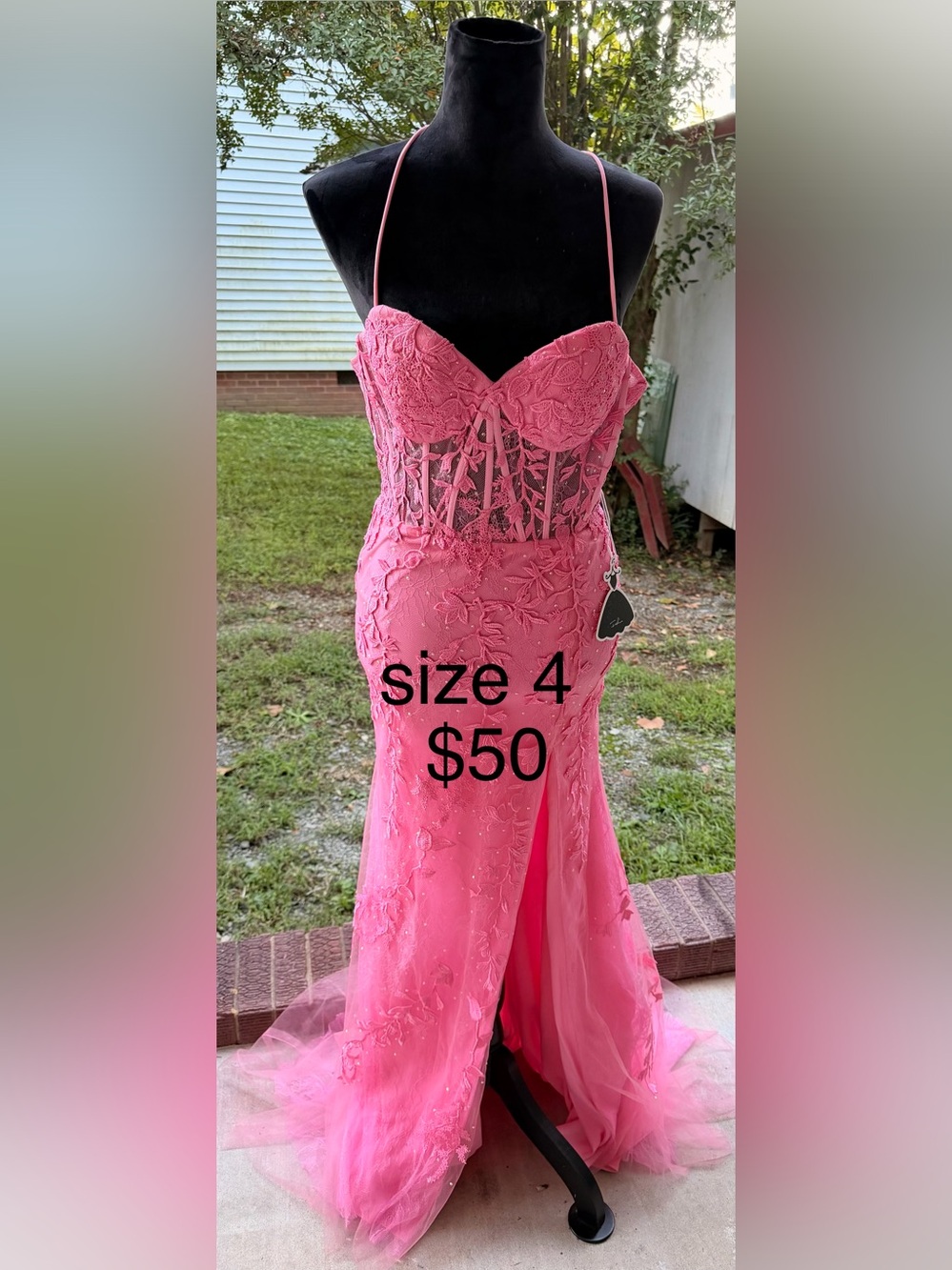 Strapless Pink Lace Evening Gown